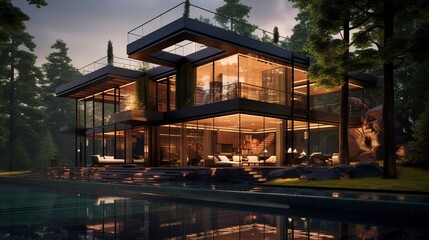 A photo of a sleek triple-story glass house.