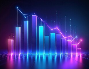 A vibrant neon-colored bar chart displays various data points, with dynamic arrows indicating trends and changes, set against a dark background for contrast.