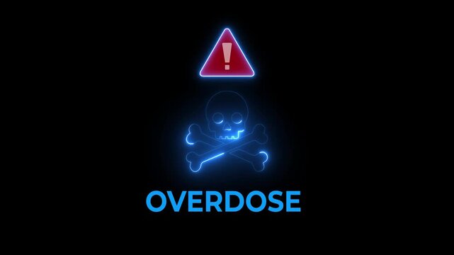 An ambulance illuminated with emergency lights, symbolizing urgency, juxtaposed with a warning about drug overdose. A stark reminder of a critical issue. Motion graphics of overdose concept.