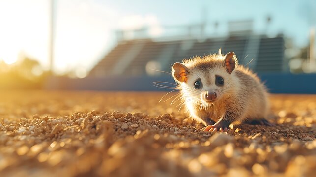 A small, furry creature stands on gravel during golden hour with stadium seating in the background