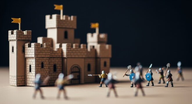 Miniature Wooden Castle with Toy Soldiers Engaged in Battle Scene on Dark Background