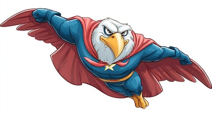 A heroic bald eagle wearing a superhero suit, cape outstretched, soaring against a white background