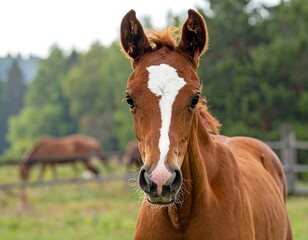 Fototapeta premium Young Chestnut Foal Facing Forward in a Pasture