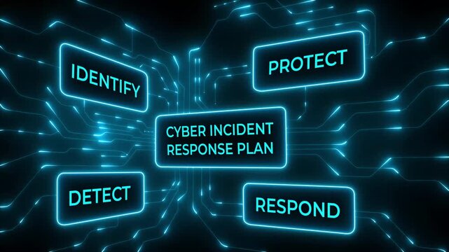 A cyber incident response plan with interconnected processes such as identify, protect, detect, and respond, depicted in vibrant neon colors against. Glowing neon background. 4k.