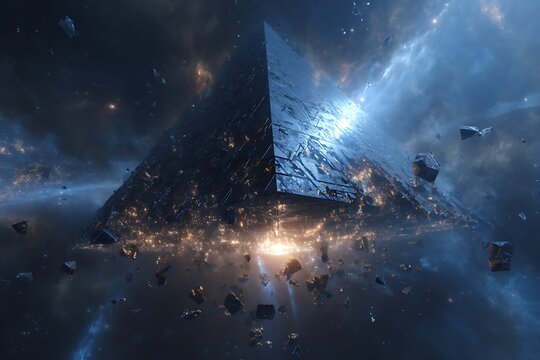 Mysterious alien pyramid structure glowing with ethereal light amidst cosmic debris and nebulae, sparking wonder and intrigue - Powered by Adobe