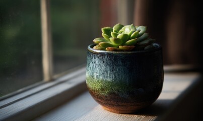 Succulent in a ceramic pot on a windowsill