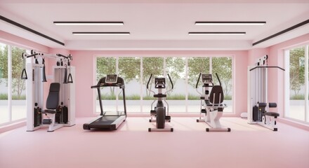 Modern Pink Gym with Cardio and Strength Equipment in Bright Fitness Center