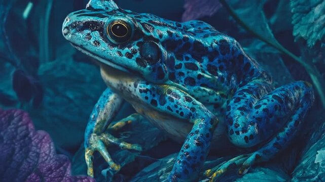 Blue-spotted frog rests in lush, teal-toned foliage, striking golden eye prominent