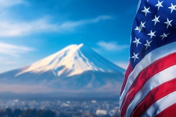 Obraz premium American flag waving proudly against Mount Fuji s majestic backdrop a vibrant symbol of US Japan relations under a clear