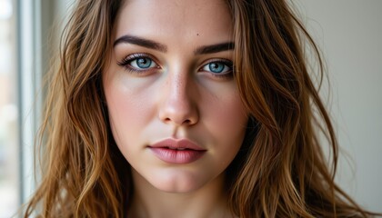 Obraz premium Captivating portrait, woman with long, flowing hair and striking blue eyes mesmerizing