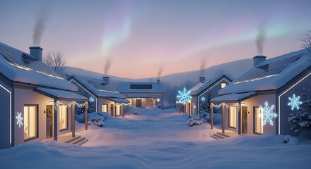 Fototapeta premium Cozy winter village bathed in twilight and aurora borealis glow.