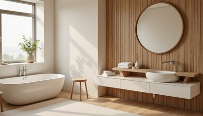 Fototapeta premium Luxurious white bathtub, a sanctuary for relaxation and rejuvenation in your home spa