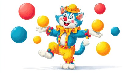 Cartoon cat clown juggling colorful balls