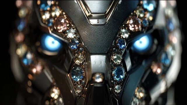 Robotic face with glowing blue eyes, embellished with jewels on a dark background