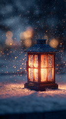 Glowing Lantern in Snowy Landscape with Soft Bokeh Effect