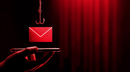 Smishing attack, sms spam phishing from scammer, concept. Red envelope with hook icon in criminal hacker hand who use mobile smart phone cyberattack sending scam malware spreading virus text message
