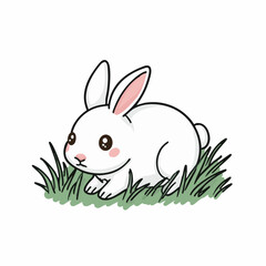 Cute Handdrawn Cartoon Rabbit Illustration Sitting on Green Grass Patch