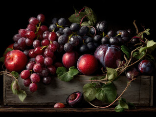 Hyper-realistic animation vintage greywashed wooden crate overflowing with grapes and plums on deep black backdrop