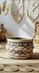 Fototapeta premium Bohemian Home Decor Blank Woven Basket Mockup on Earthy Minimalist Floor