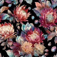 Vibrant Floral Design With Gemstones on a Dark Background Creating a Stunning Pattern