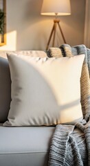 Cozy Living Room Scene with Blank Throw Pillow Mockup in Warm Sunlight
