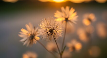 Obraz premium Close up dried dandelion seeds sunset