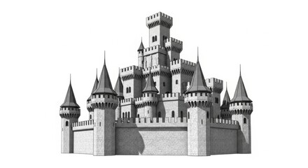 Obraz premium Gray Medieval Castle with Multiple Towers and Conical Roofs in a Digital Illustration