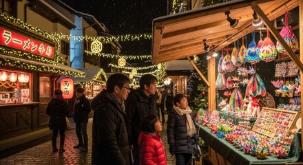 Fototapeta premium Night Market Scene with Families Shopping for Colorful Origami Decorations in Festive Lighted Setting