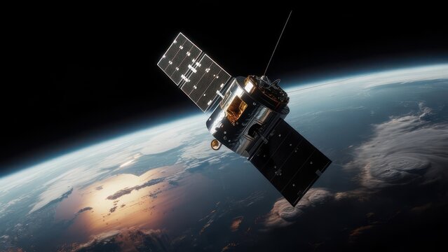 Satellite orbiting Earth with atmospheric view - Powered by Adobe