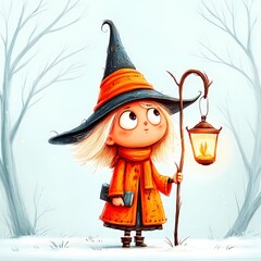Cute witch in an orange coat and hat holding a lantern in a snowy forest setting