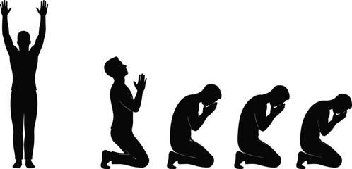Silhouette of man raising hands and kneeling in sequence prayer worship meditation spiritual devotion religious pose isolated vector illustration