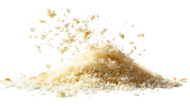 Pile of grated parmesan cheese falling isolated on transparent background