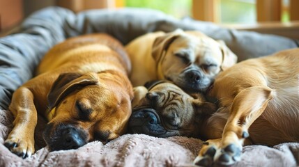 Dogs Sleeping Images, Showing scenes of dogs sleeping curled up on sofas, lying on carpets, nesting in dog beds, and snuggling with owners. Suitable for pet daily record matching images, pet product 