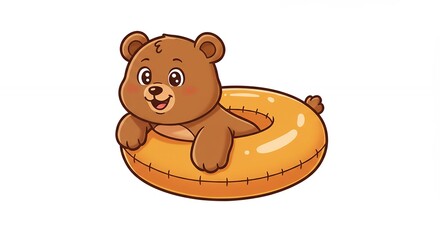 Cartoon bear relaxing in inflatable ring isolated on white background summer fun concept