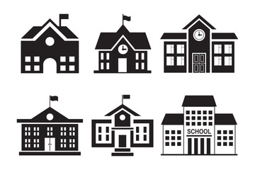 Set of School Building Icons in Black Silhouette