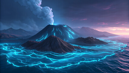 Active volcano erupting with glowing blue lava streams into the ocean at twilight full hd 4k stock image download