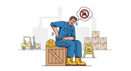 Man in blue uniform sitting on a box with back pain in a warehouse with forklift truck nearby created with generated ai