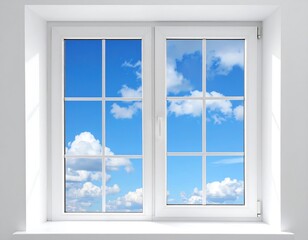 White window frame with a view of a vivid blue sky and fluffy clouds