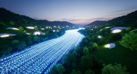 Futuristic River of Light in Green Valley with Eco Domes at Dusk