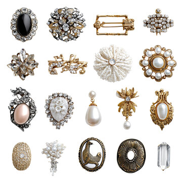 Collection of ornate brooches and hair clips, adorned with pearls, crystals, and gold