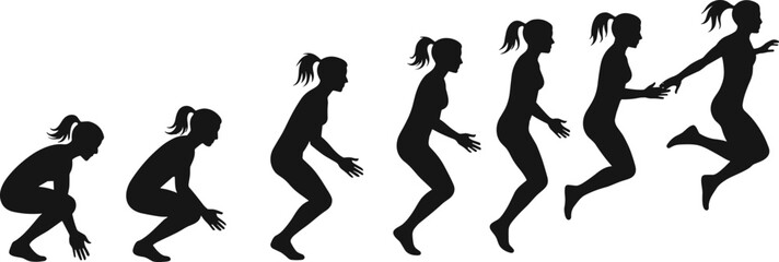 Jump, silhouette, motion, sequence, athletic, leap, ponytail, woman, action, dynamic, energy, movement, sports, black, shadow, airborne, vertical, fitness, pose, progression