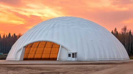 Obraz premium Dome Structure at Sunset: A striking, modern dome structure stands silhouetted against the vibrant hues of a sunset sky, showcasing clean architectural design and a touch of natural beauty.