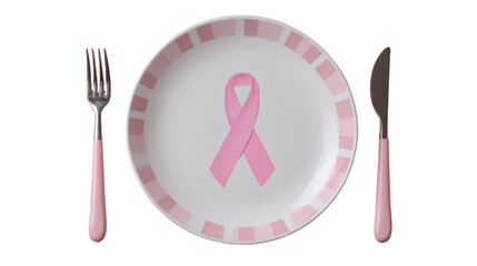Pink Breast Cancer Awareness Ribbon on Plate with Cutlery