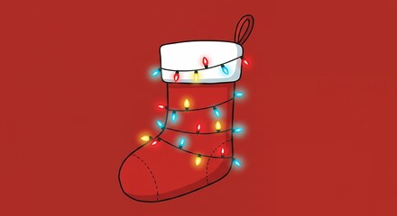 Festive red stocking with string lights on red background illustration