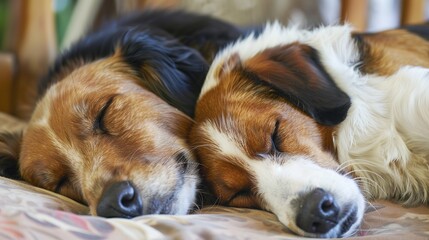 Dogs Sleeping Images, Showing scenes of dogs sleeping curled up on sofas, lying on carpets, nesting in dog beds, and snuggling with owners. Suitable for pet daily record matching images, pet product 