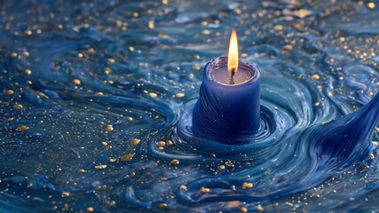 Lit candle on rippled blue fluid with gold specks in an abstract composition