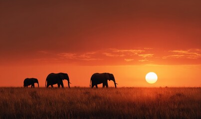 Fototapeta premium Silhouettes of elephants at sunset