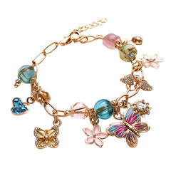 Colorful charm bracelet with gold chain and various charms
