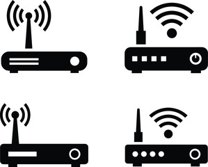 Wireless router icon set, black and white vector, Wi-Fi signal symbol, internet device illustration, network equipment, tech connectivity, isolated design graphic