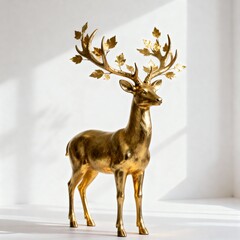 Golden Stag Figurine: A majestic golden stag figurine, meticulously crafted with intricate detail, exudes elegance. The stag stands proudly. Leaves adorn its antlers.
